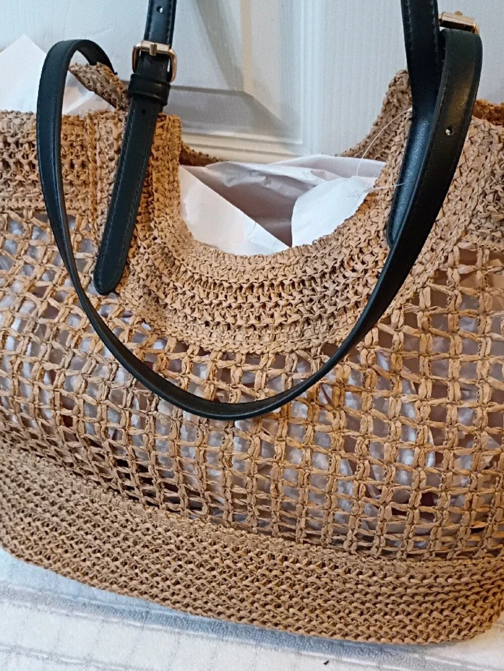 Old Navy Brown Woven Tote with Black Shoulder Straps